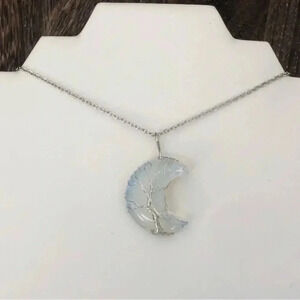 Opalite Moon Tree of Life Handmade Stainless Steel Necklace NWT